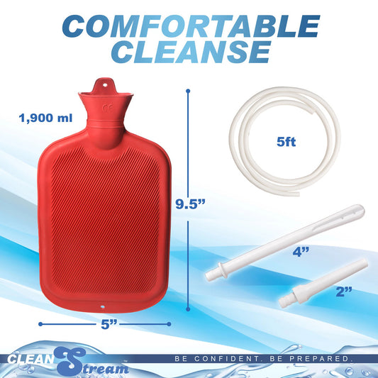 Clean Stream water bottle douche kit, featuring a clear bottle and nozzle for personal hygiene.