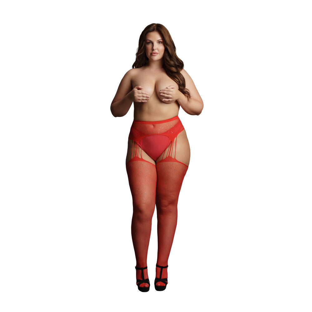 Red plus size suspender pantyhose with rhinestone detailing, part of our lingerie range.