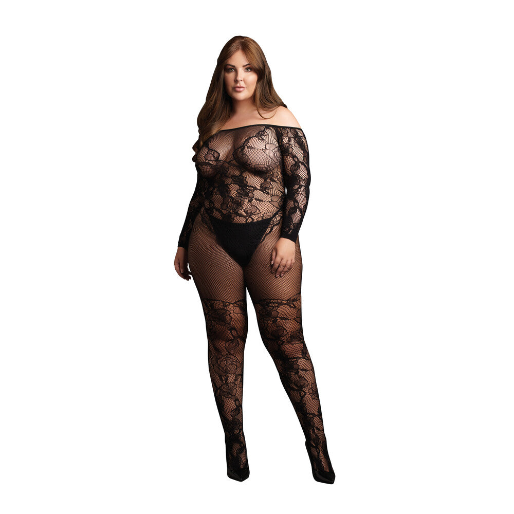 shots toys le desir black bodystocking with off-shoulder long sleeves, plus size lingerie