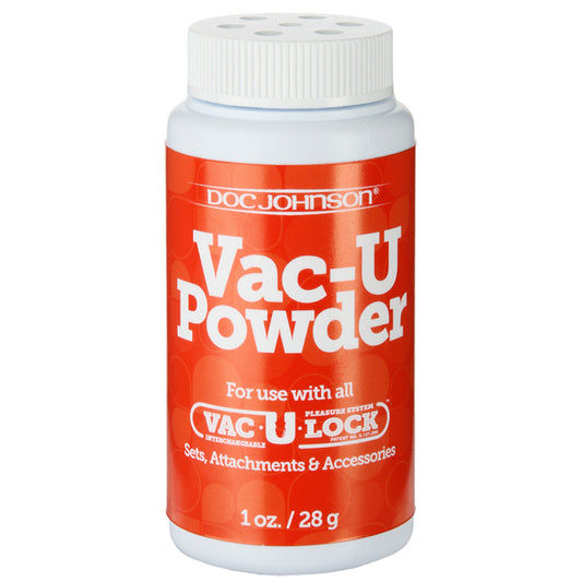 Doc Johnson VacULock powder lubricant for sex machine attachments, in a white container.