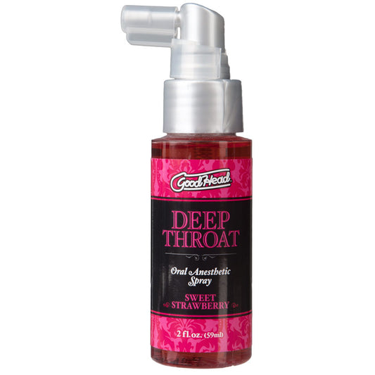 Doc Johnson Good Head Deep Throat Spray in strawberry flavour; bottle shows light reflecting.