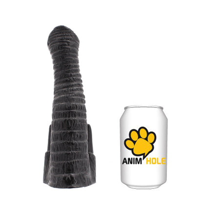 Realistic jumbo dildo in mottled grey, made from smooth, flexible material, for adult play.