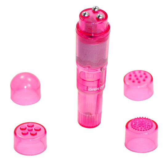 A pink, pocket-sized mini vibrator from various toy brands, for discreet pleasure.