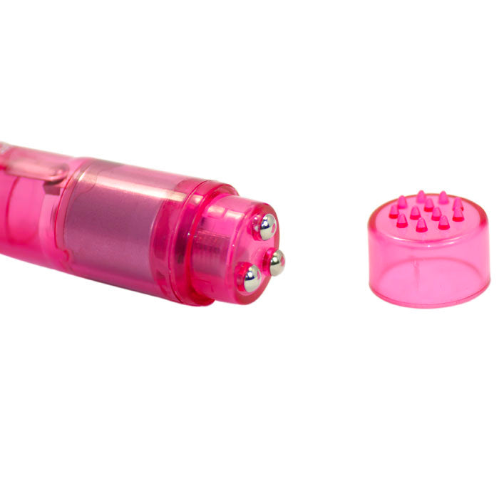Close-up of a pink, pocket-sized mini vibrator with a smooth, glossy finish.