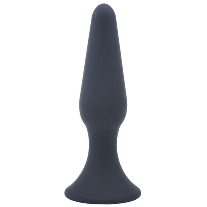 Classic medium-sized black silicone butt plug, smooth finish, for anal pleasure, from various brands.