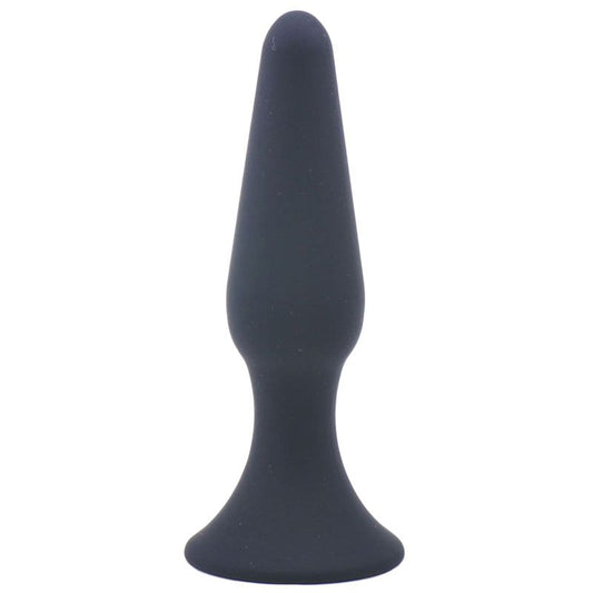 Classic medium-sized black silicone butt plug, smooth finish, for anal pleasure, from various brands.