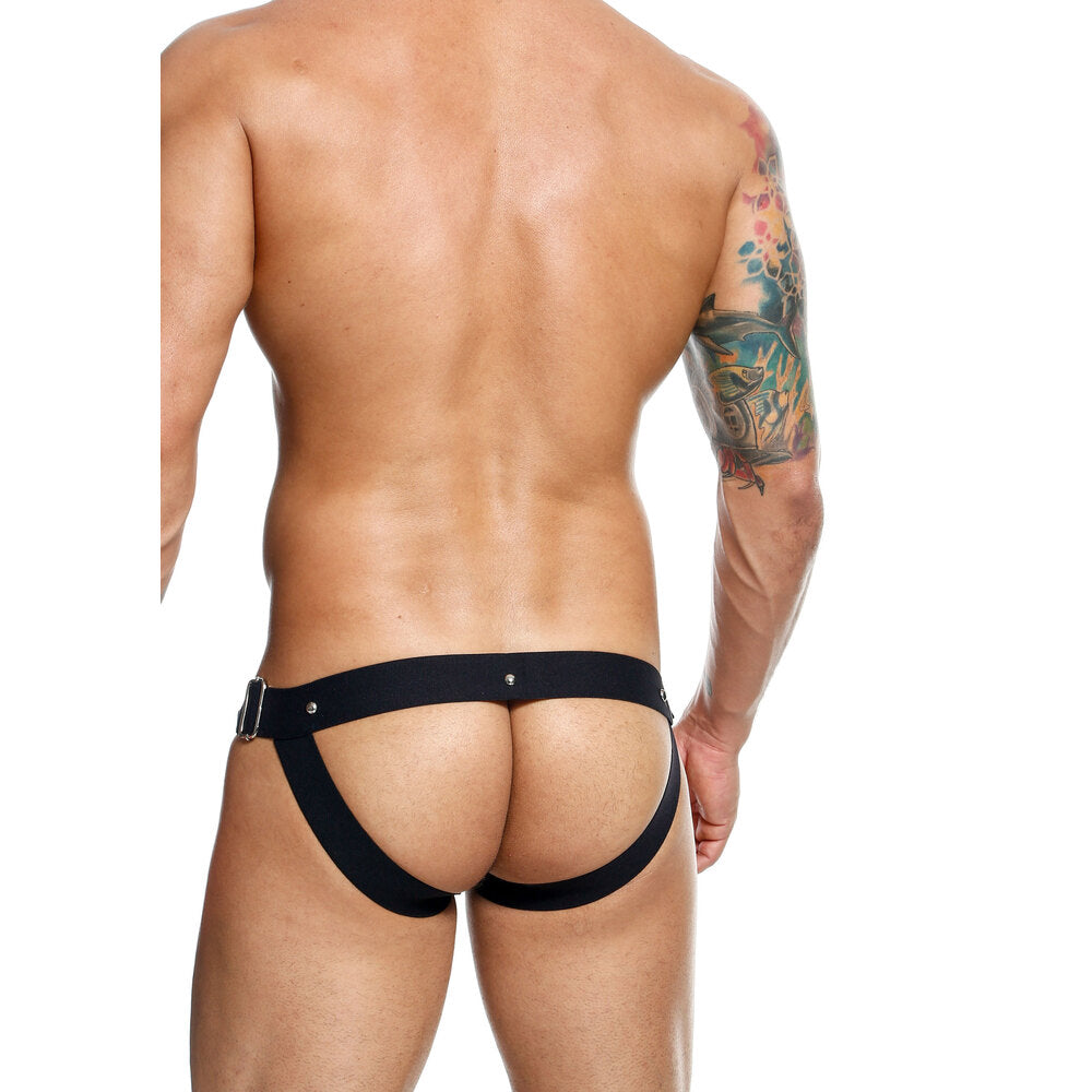 Black snap jockstrap with silver hardware, part of the dungeon basics range for men.