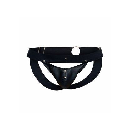 Black male basics jockstrap with peekaboo design, a cheeky and comfortable essential for him.
