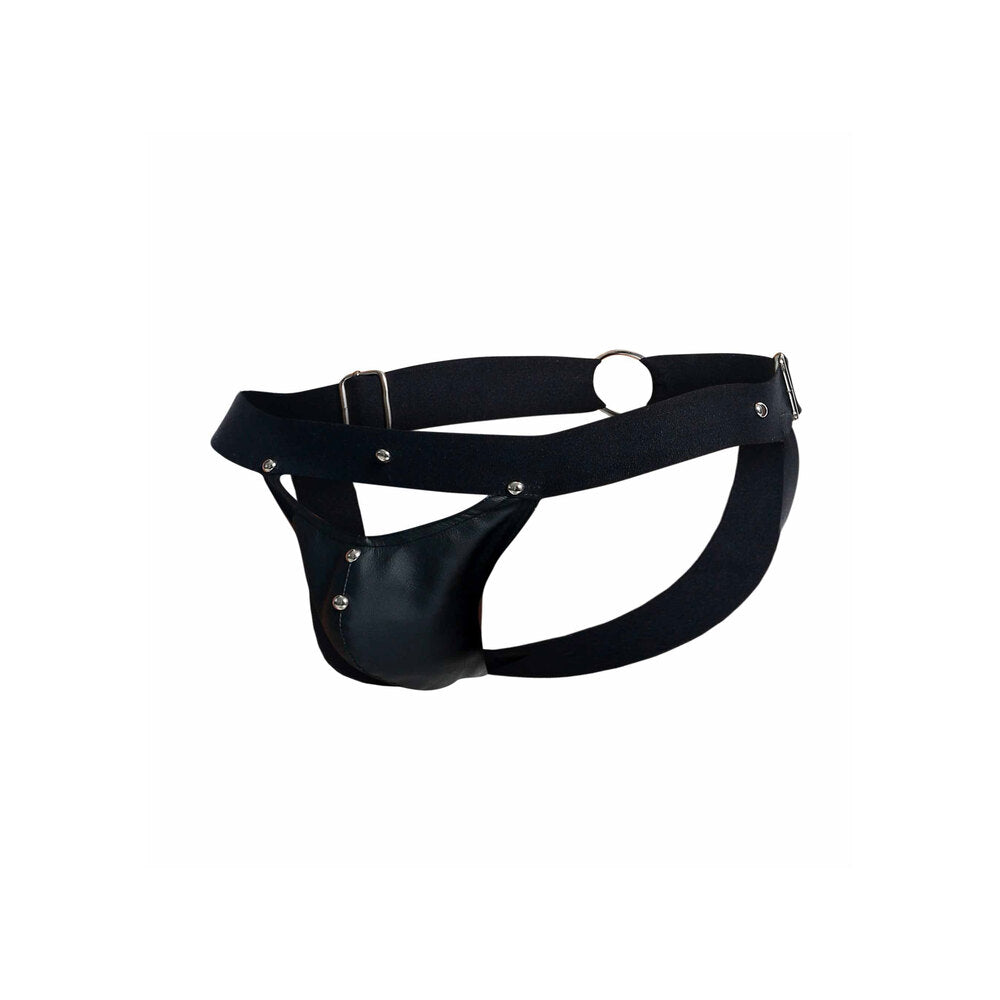 Black male basics jockstrap with a peekaboo front pouch, part of the basics range.
