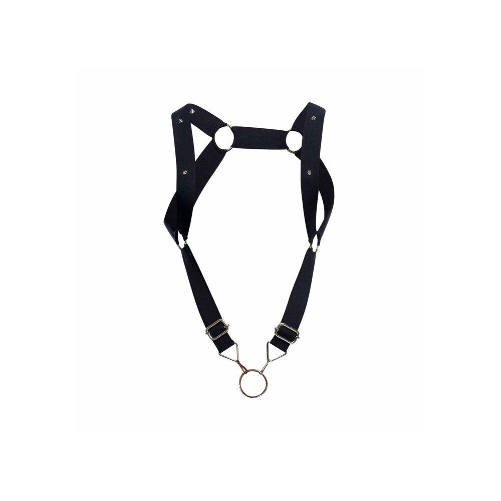 Male basics dungeon straight back harness with cockring, black leather-look bondage gear.