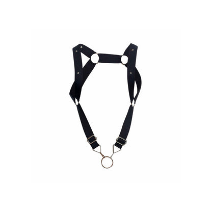 Male basics dungeon straight back harness with cockring, black leather-look bondage gear.