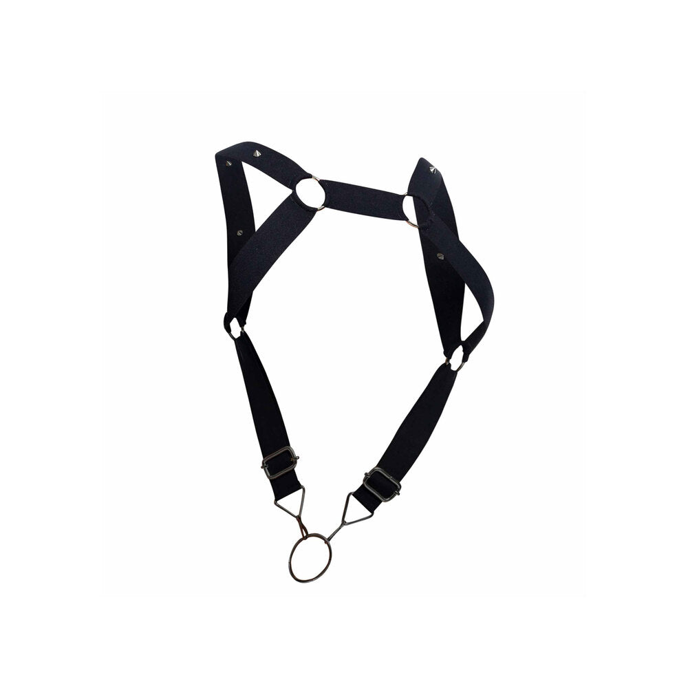 male basics black leather dungeon harness with straight back straps and cockring