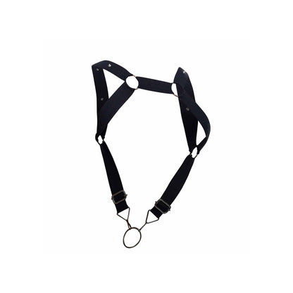 male basics black leather dungeon harness with straight back straps and cockring