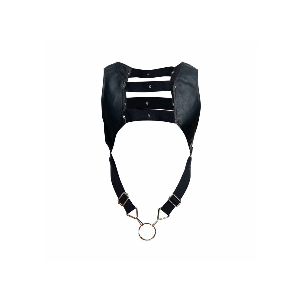 Male Basics black crop top harness with cock rings, styled for dungeon play.