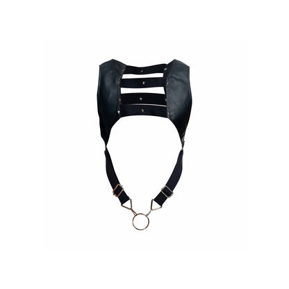 Male Basics black crop top harness with cock rings, styled for dungeon play.