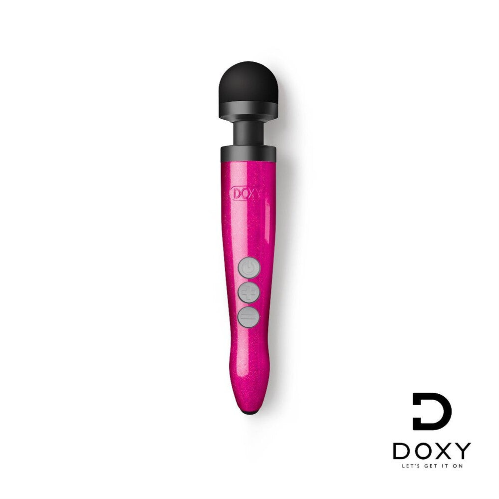 Die-cast metal wand massager in a hot pink finish, rechargeable and ready for use.