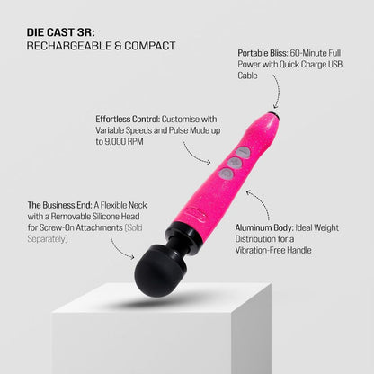 Close-up of a hot pink, die-cast metal Doxy Wand massager, rechargeable and sleek.