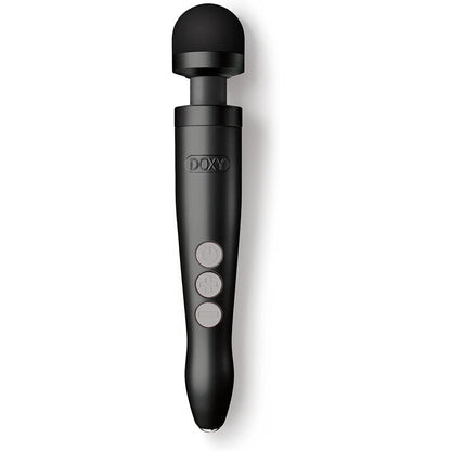 A matte black, die-cast metal Doxy Die Cast 3 rechargeable wand massager, showing the head.