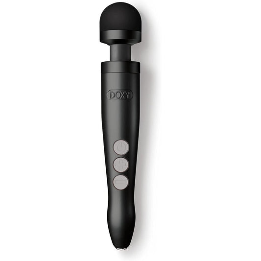 A matte black, die-cast metal Doxy Die Cast 3 rechargeable wand massager, showing the head.