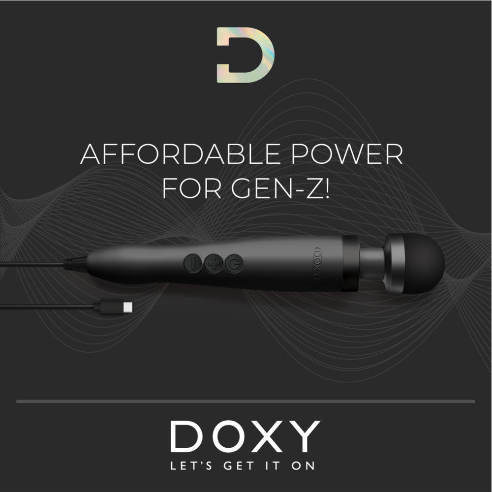 Close-up of a black, usb-powered doxy wand massager, showing the sleek design and finish.