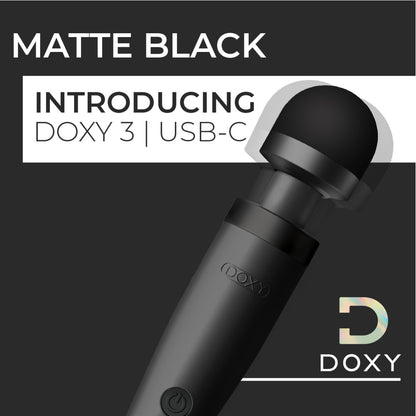 Close-up of the Doxy Wand 3, a black, USB-powered personal massager with a smooth finish.