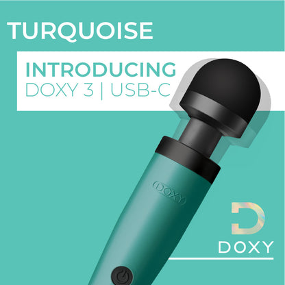 Close-up of a turquoise Doxy Wand 3 massager, USB powered and ready for use.