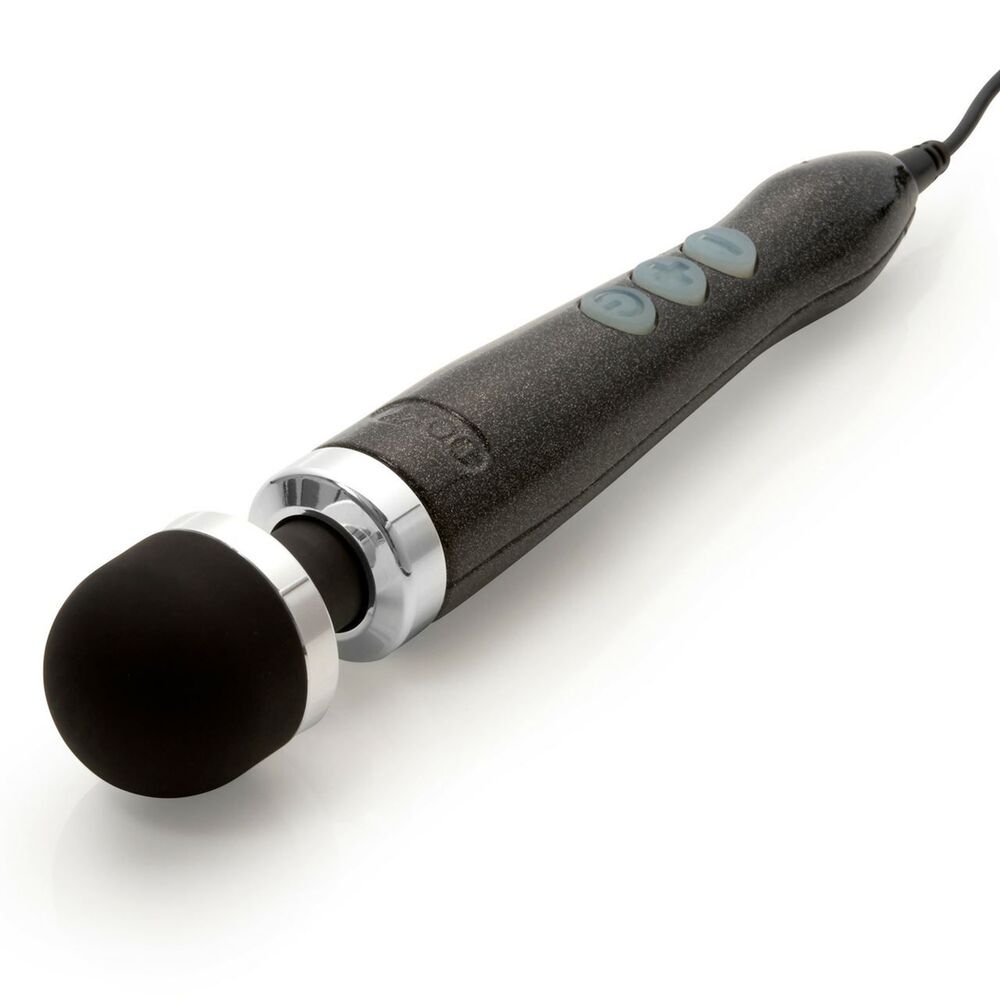 Close-up of a black, mains-powered doxy wand massager with a metallic, disco-style finish.