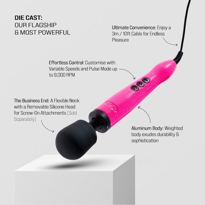 Close-up of a hot pink doxy die-cast wand massager, a personal pleasure device.