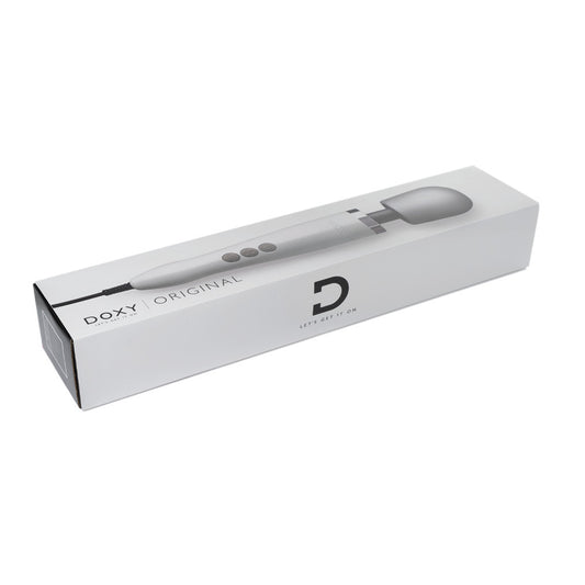 A black Doxy Wand massager, a mains-powered personal massage device for muscle relaxation.