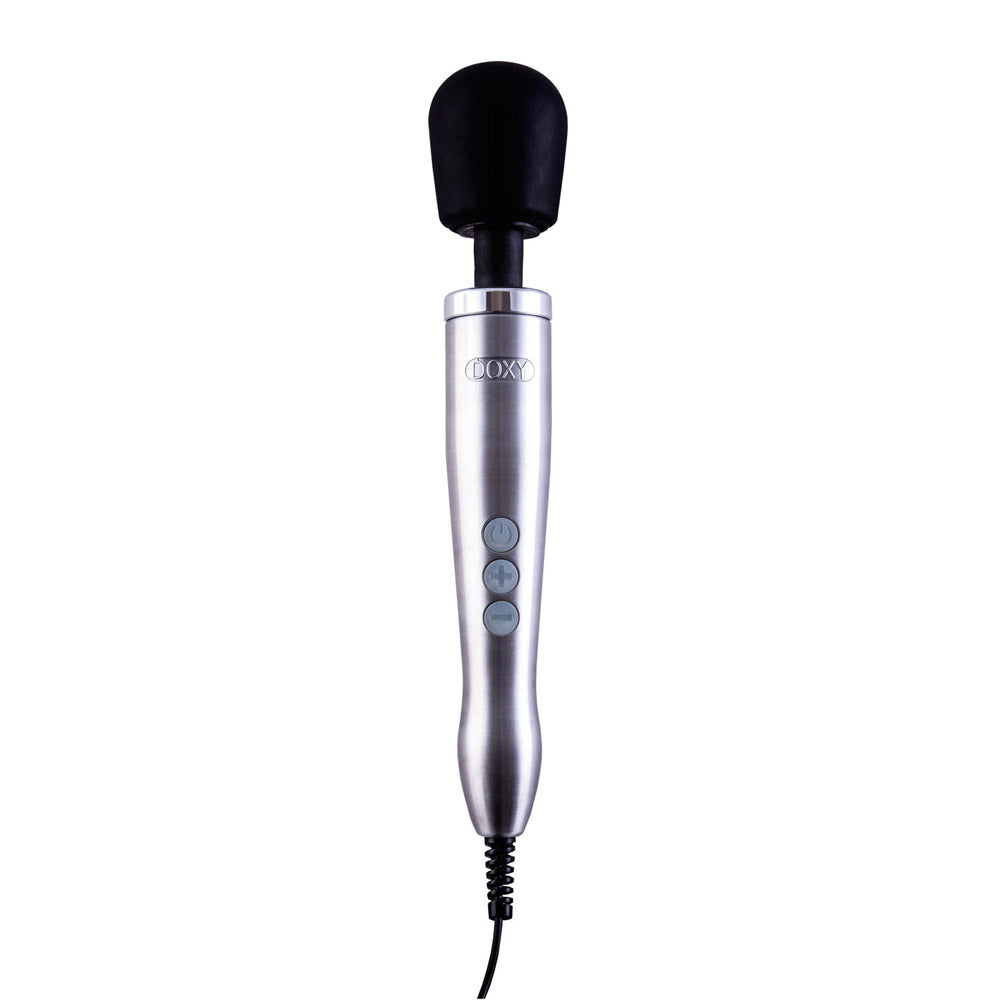 doxy die cast wand massager with a uk plug, showcasing its sleek, metallic finish.