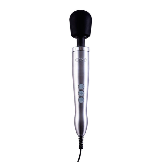 doxy die cast wand massager with a uk plug, showcasing its sleek, metallic finish.
