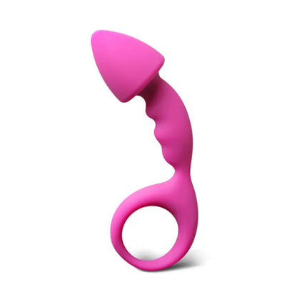 Curved pink silicone butt plug for comfortable anal play, smooth finish, by various toy brands.
