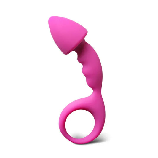 Curved pink silicone butt plug for comfortable anal play, smooth finish, by various toy brands.