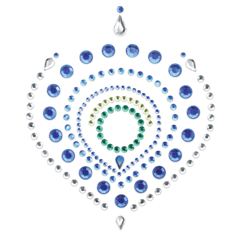 Bijoux Indiscrets flamboyant body jewellery in shades of blue and green, sparkling finish.