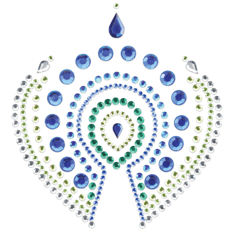 Close-up of flamboyant blue and green body jewellery, a shimmering and seductive adornment