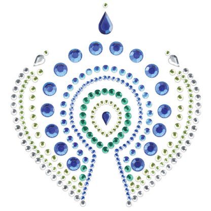 Close-up of flamboyant blue and green body jewellery, a shimmering and seductive adornment