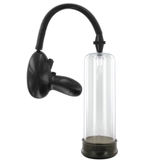 The XLsucker automatic penis pump, a clear plastic cylinder with a grey electronic pump.