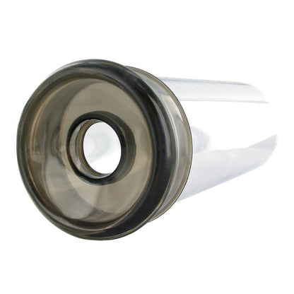 An automatic penis pump by various toy brands, clear cylinder with black controls and hose.