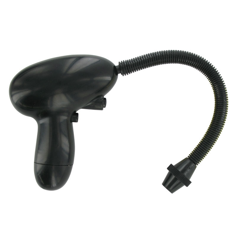 Automatic penis pump, transparent cylinder with black handle, for penis enlargement, used with one hand.