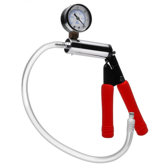 Size Matters deluxe steel hand pump for penis enlargement, showcasing the metallic finish and design.
