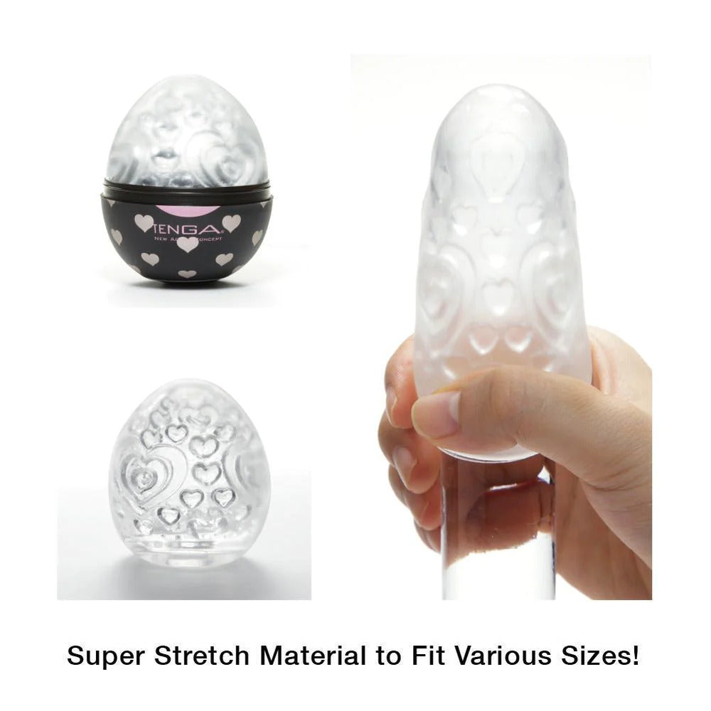 Textured tenga egg masturbator, designed for single use with a flexible, patterned interior.