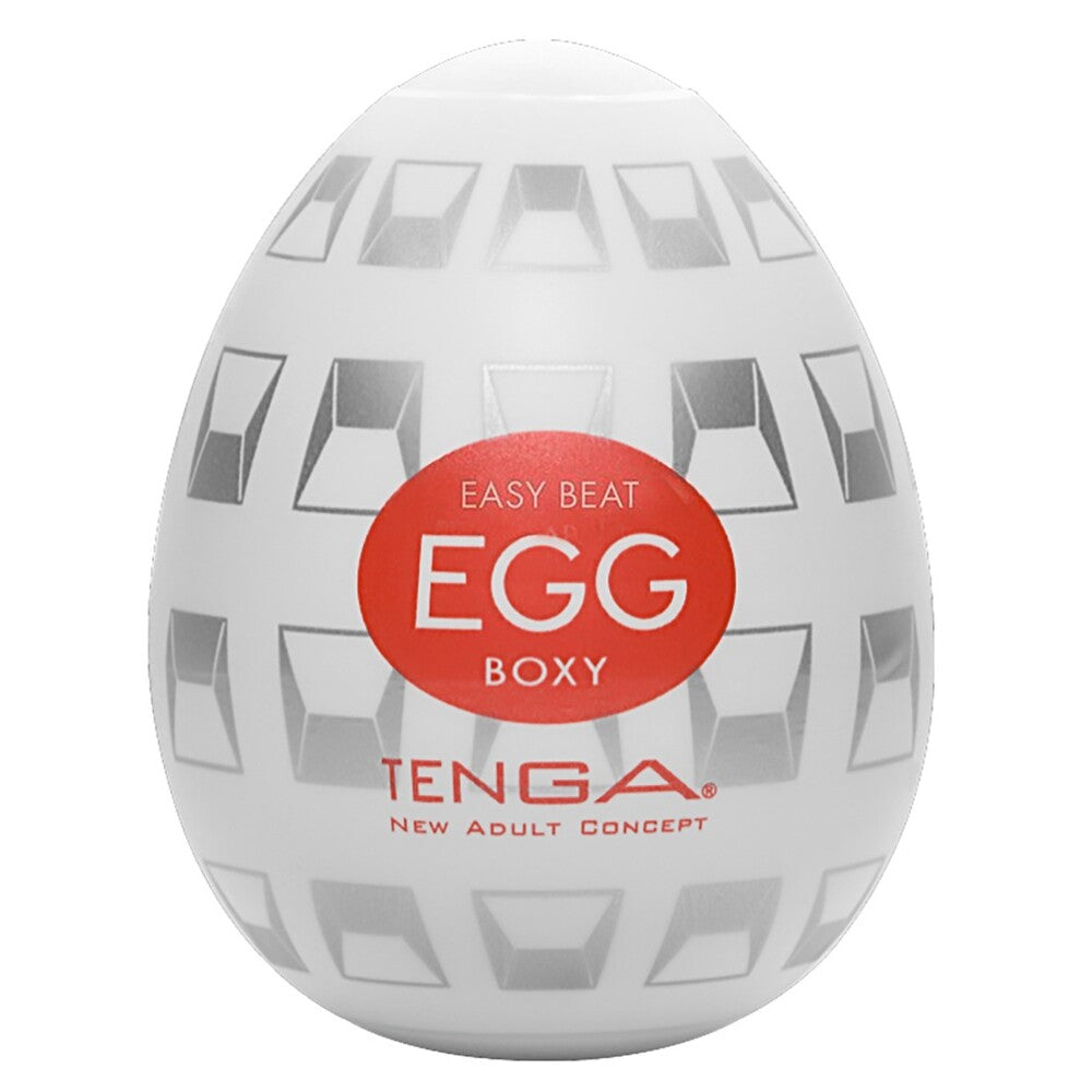 Textured tenga egg masturbator in a boxy shape, designed for solo pleasure and fun.