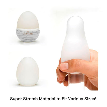 Tenga silky 2 egg masturbator, textured white and clear silicone, designed for solo pleasure.