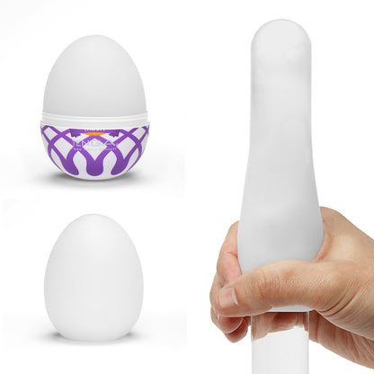 Textured tenga egg masturbator with a stretchy, mesh-like design in a neutral tone.