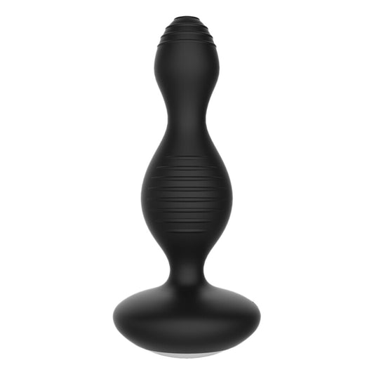 Black vibrating buttplug for electro sex stimulation from Shots Toys, close up showing texture.