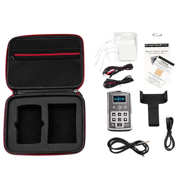 ElectraStim Axis e-stim unit for electro sex play, shiny metal finish, ergonomic design.