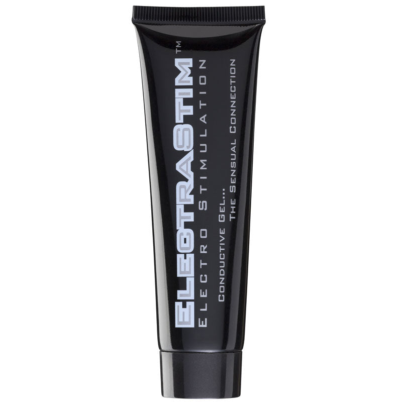 ElectraStim conductive gel in a clear bottle with a black cap, for electro sex stimulation.