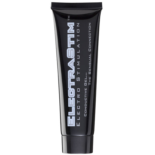 ElectraStim conductive gel in a clear bottle with a black cap, for electro sex stimulation.