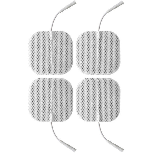 Four ElectraStim square self-adhesive electrode pads for electro sex stimulation, off-white colour.