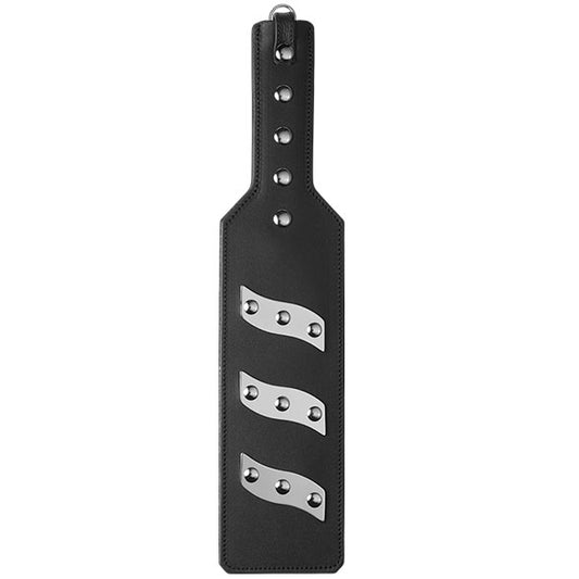electrostim electro leather sex paddle, black leather with silver electrode details, for erotic stimulation